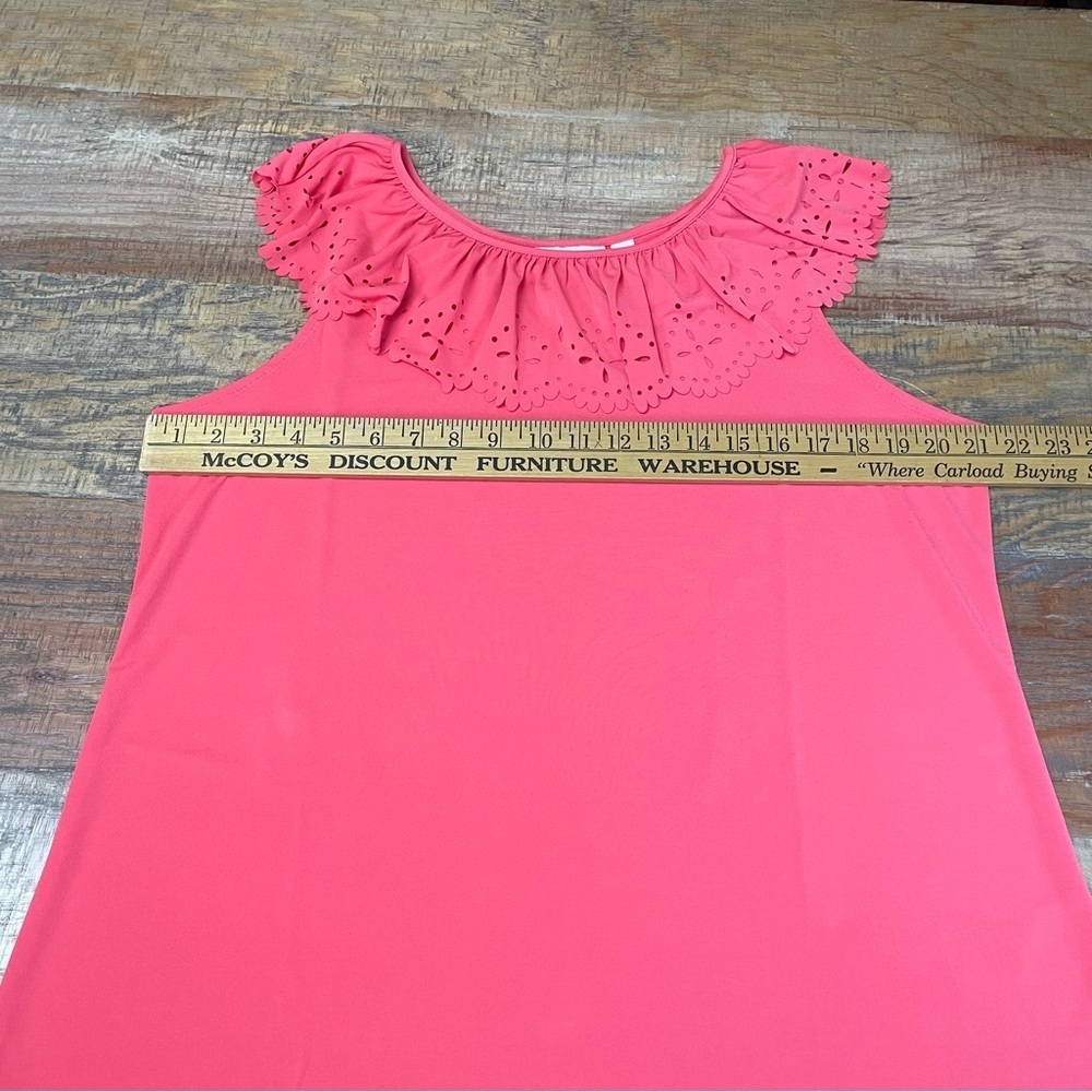 Susan Graver women’s size large Liquid Knit Top with Laser Cut Ruffle Coral Reef - Picture 8 of 9